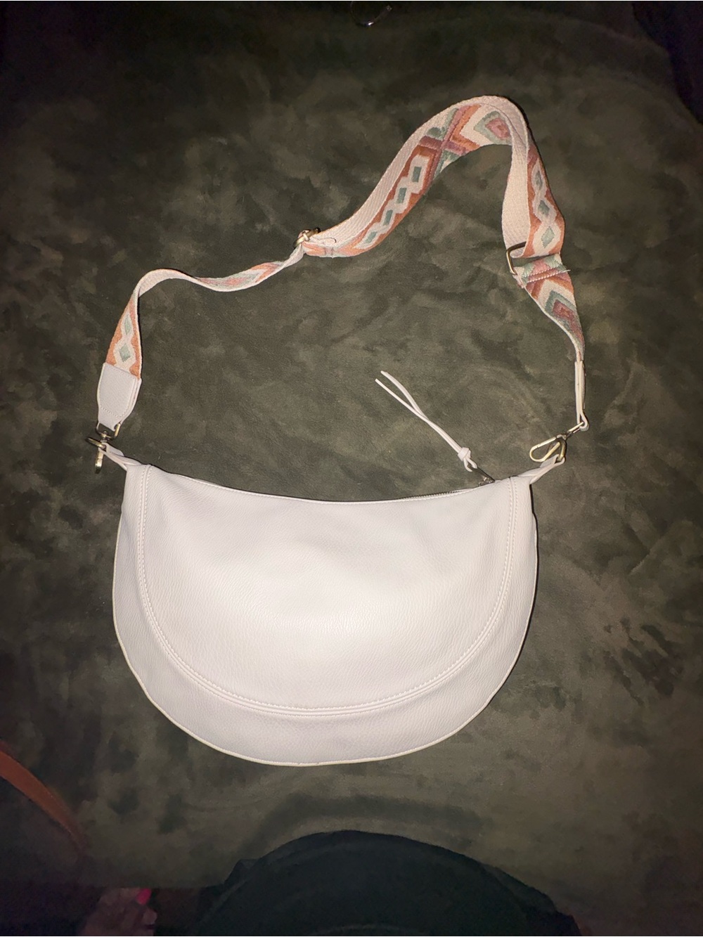 Anthropologie Cream Crescent Shoulder Bag with Patterned Woven Strap